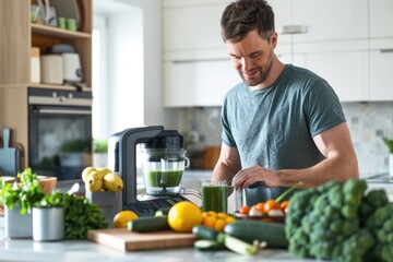 Wall Mural - Man Making Healthy Green Smoothie in Modern Kitchen with Fresh Ingredients for Balanced Diet Concept