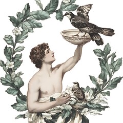 Wall Mural - A Young Man Surrounded by Flowers and Birds.