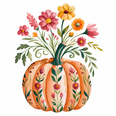 Wall Mural - pumpkin floral vase, whimsical watercolor illustration, isolated on white background