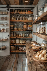 Wall Mural - A beautifully organized walk in pantry featuring wooden shelves filled with jars of various ingredients, snacks, and baked goods. rustic charm and neat arrangement create warm and inviting atmosphere