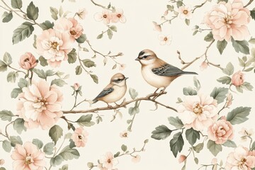 Naklejka na meble A vintage-inspired floral design featuring soft, pastel flowers and two small birds perched