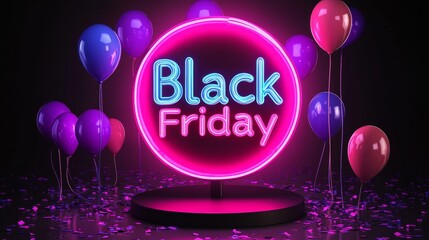 Wall Mural - Neon Black Friday Sale sign in dark lights with a glowing platform. Podium stand for promotions