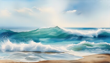 Wall Mural - Tranquil Watercolor Seascape Featuring Beautiful Waves and Serene Ocean Vibes