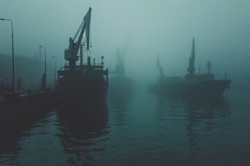 Wall Mural - Foggy and misty day with a few boats in the water