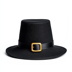 Classic Thanksgiving Day pilgrim hat with a gold buckle and dark felt texture isolated on white background 