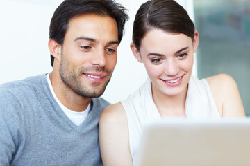 Poster - Business people, laptop and reading with email for good news, communication or social media at office. Businessman, woman or colleagues with smile on computer for online browsing or app at workplace