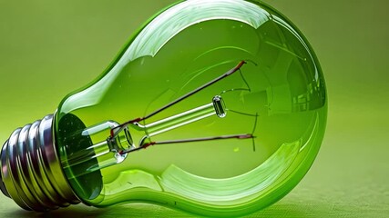 Poster - The green light bulb lies sideways on a vibrant green background, symbolizing sustainability and creativity in modern lighting solutions. An artistic representation of eco-friendliness.