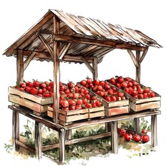 Sticker - Watercolor Illustration of a Wooden Fruit Stand with Apples.