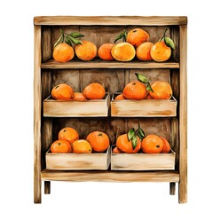 Sticker - Watercolor illustration of a wooden shelf filled with oranges.