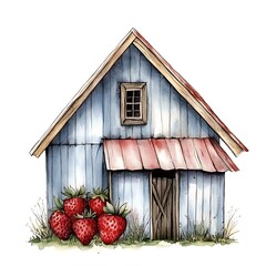 Poster - Watercolor Painting of a Rustic Barn with Fresh Strawberries.