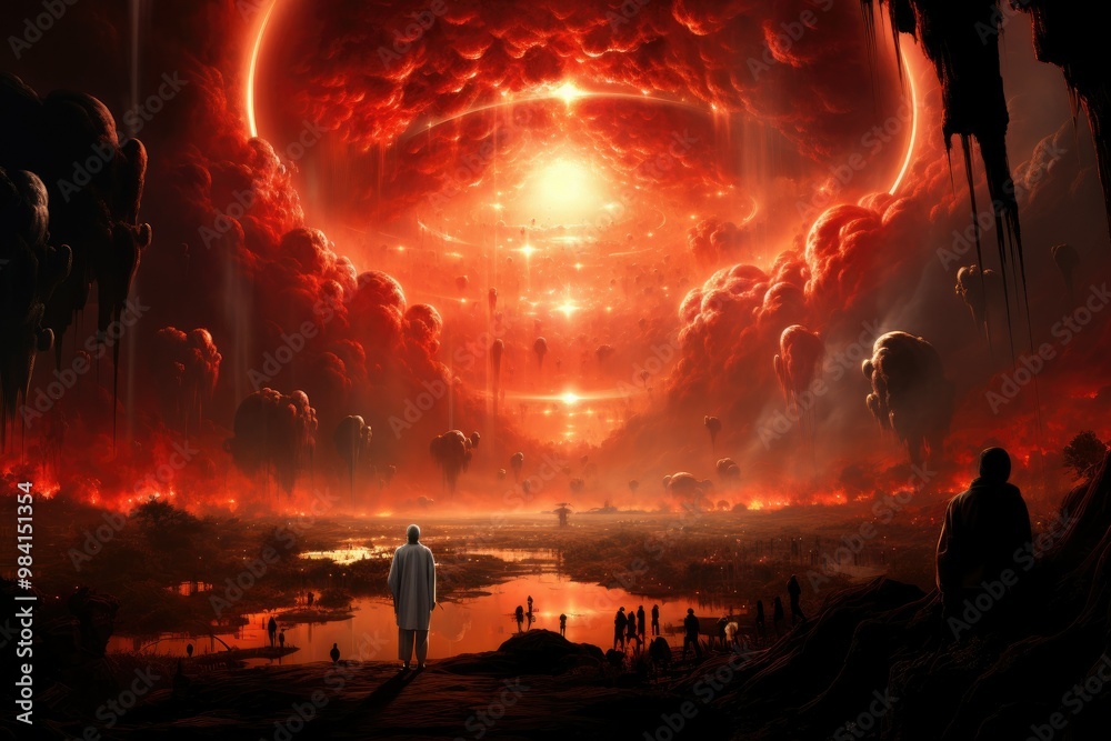 Concept art of the apocalypse, with god rays and red clouds in the ...