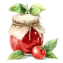 Poster - Watercolor Illustration of Homemade Tomato Jam with Green Leaves and a Fresh Tomato.