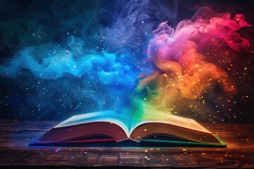 Wall Mural - A book is open to a page with a rainbow and smoke coming out of it