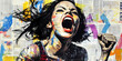 © mozZz - Woman screaming for rights equality, raised fist, rebel fighting spirit, urban street art graffiti