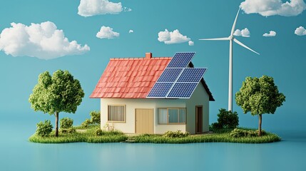 Wall Mural - A Small House with Solar Panels and Wind Turbine on an Island