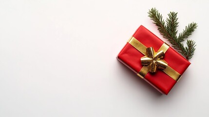 Canvas Print - Festive Christmas gift box wrapped in red paper with a gold bow and sprigs of evergreen isolated on white background holiday present 