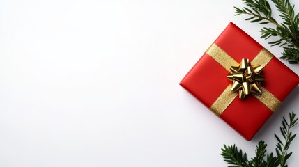 Canvas Print - Festive Christmas gift box wrapped in red paper with a gold bow and sprigs of evergreen isolated on white background holiday present 