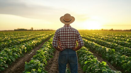 Wall Mural - Farmer Standing in Lush Organic Vegetable Farm at Sunset