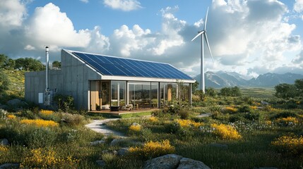 Wall Mural - Modern Eco-Friendly Home with Solar Panels and Wind Turbine in a Mountainous Landscape
