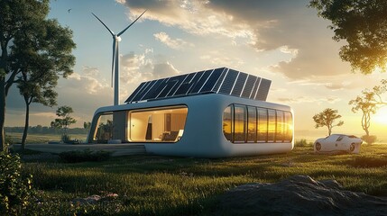 Wall Mural - Modern Sustainable Home with Solar Panels, Wind Turbine, and Electric Car