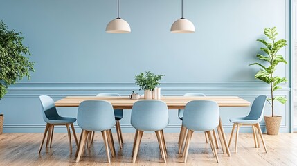 A light blue and wood combination in a dining room, with a wooden table and light blue chairs