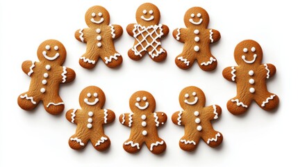 Canvas Print - Group of gingerbread men arranged in a circle, each with different icing patterns, isolated on a white background with soft shadows 