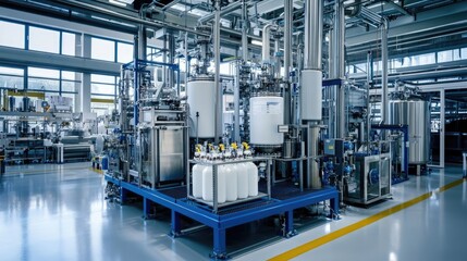 A modern industrial plant producing chemicals, with advanced technology and automation