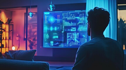 Poster - Man Viewing Digital Data Display in a Modern Living Room