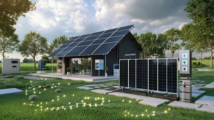 Sticker - Modern House with Solar Panels and Green Yard