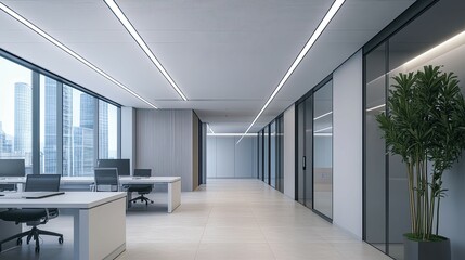 Poster - modern office interior with city view and glass doors