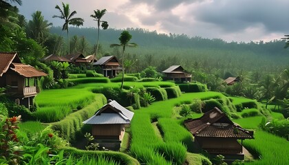 Canvas Print - Serene Balinese village nestled among lush green hills and rice terraces