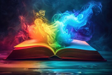 Wall Mural - A book with a rainbow on the pages is open to a page with a colorful smoke