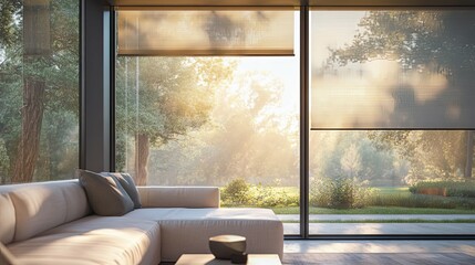 Canvas Print - Modern Living Room with Large Windows and Secluded Garden View