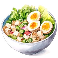 Canvas Print - Watercolor Illustration of a Bowl of Tofu Salad with Boiled Eggs and Vegetables.