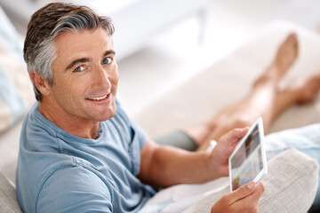 Poster - Tablet, sofa and portrait of mature man for online chatting, communication and networking. Living room, home and happy person on digital technology for internet news, website and relax on weekend