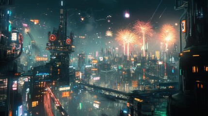 Wall Mural - Futuristic Cyberpunk Cityscape with Dazzling Fireworks Display