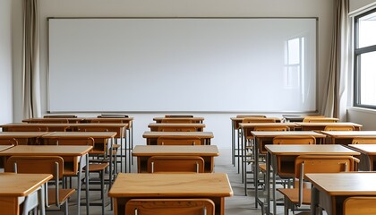 Canvas Print - Serene empty classroom with neatly arranged wooden desks and chairs facing a spacious whiteboard