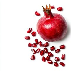 Wall Mural - Single ripe pomegranate surrounded by loose seeds symbolizing autumn fruits isolated on white background 