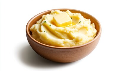 Poster - Steaming bowl of creamy mashed potatoes with a pat of melting butter and parsley isolated on white background comfort food Thanksgiving side dish 