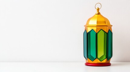 Traditional Ramadan lantern with vibrant glass panels casting colorful reflections isolated on white background Islamic decor concept with empty space for text 