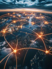 Poster - A cityscape with a network of lines connecting the cities