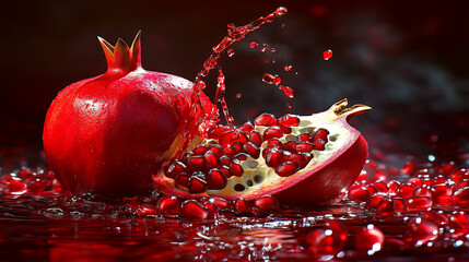 A ripe pomegranate bursts open, spilling juicy seeds onto a red-stained surface.