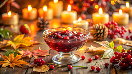 a festive thanksgiving table with cranberry sauce