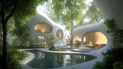 Sticker - Modern, Organic Architecture with a Pool Surrounded by Lush Greenery