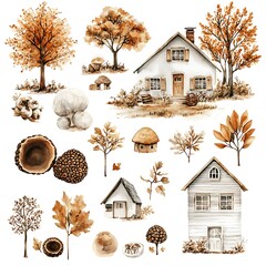 Wall Mural - Watercolor Autumn Clipart Houses, Trees, and Mushrooms.