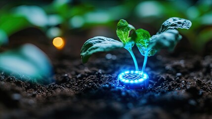 A close-up of a crop sensor embedded in the soil, with a holographic display projecting data on soil moisture, temperature, and nutrients, ensuring precise environmental control.