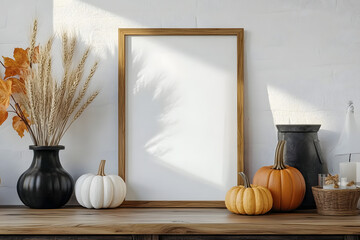 Wall Mural - Home interior with frame mockup, autumn decorations, pumpkins, wheat vase, candle. Scandinavian, minimal style. Poster design for Halloween or Thanksgiving.
