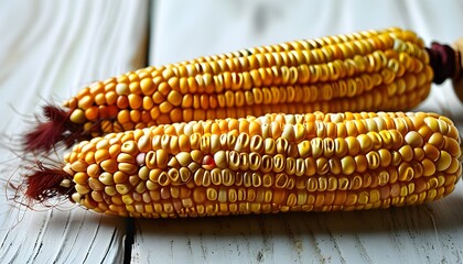 Fresh ears of corn in husks displayed on rustic whitewashed wood