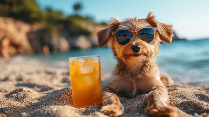 A playful dog in sunglasses relaxes on the beach with a refreshing drink, embodying summer joy and leisure by the shore.