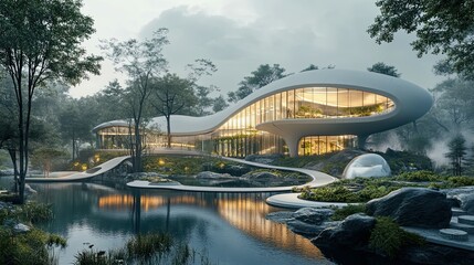 Poster - Modern, Futuristic White House with Curved Glass Windows, Situated in a Lush Forest Setting